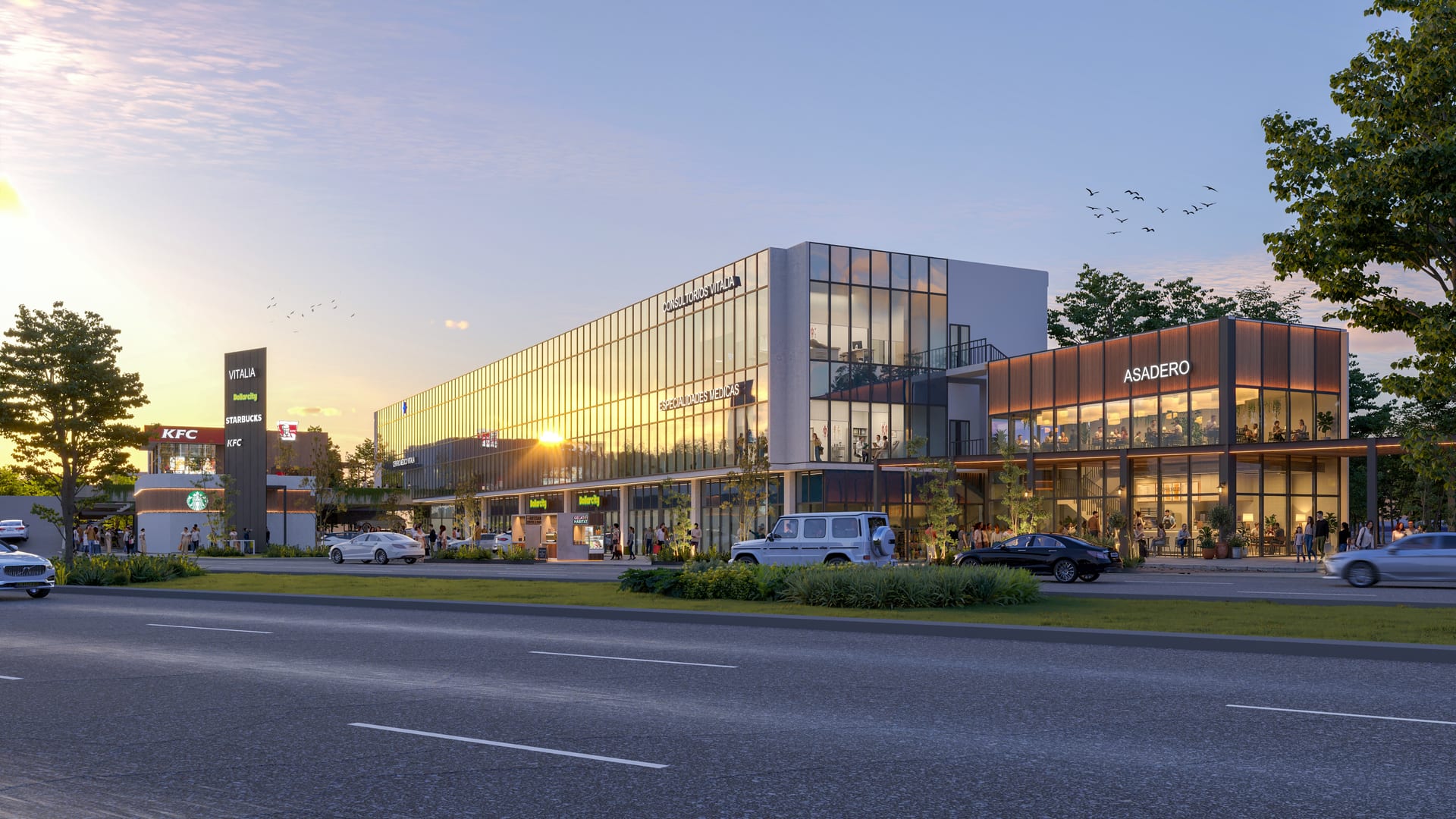 Plaza Vitalia · conjunto completo con marcas ancla al atardecer