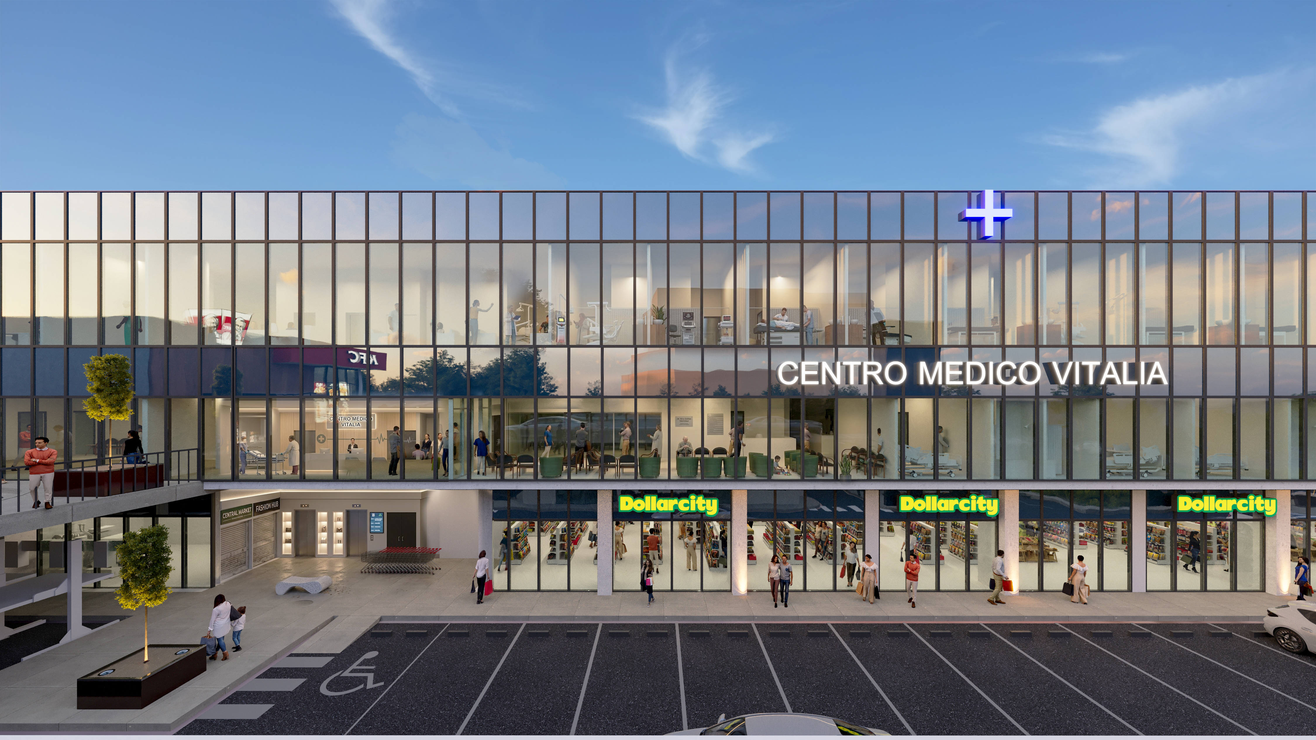 Plaza Vitalia · render exterior atardecer